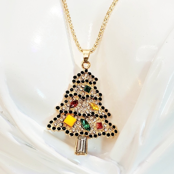 Gold-plated multicolored crystal Christmas tree pendant necklace - Picture 4 of 12